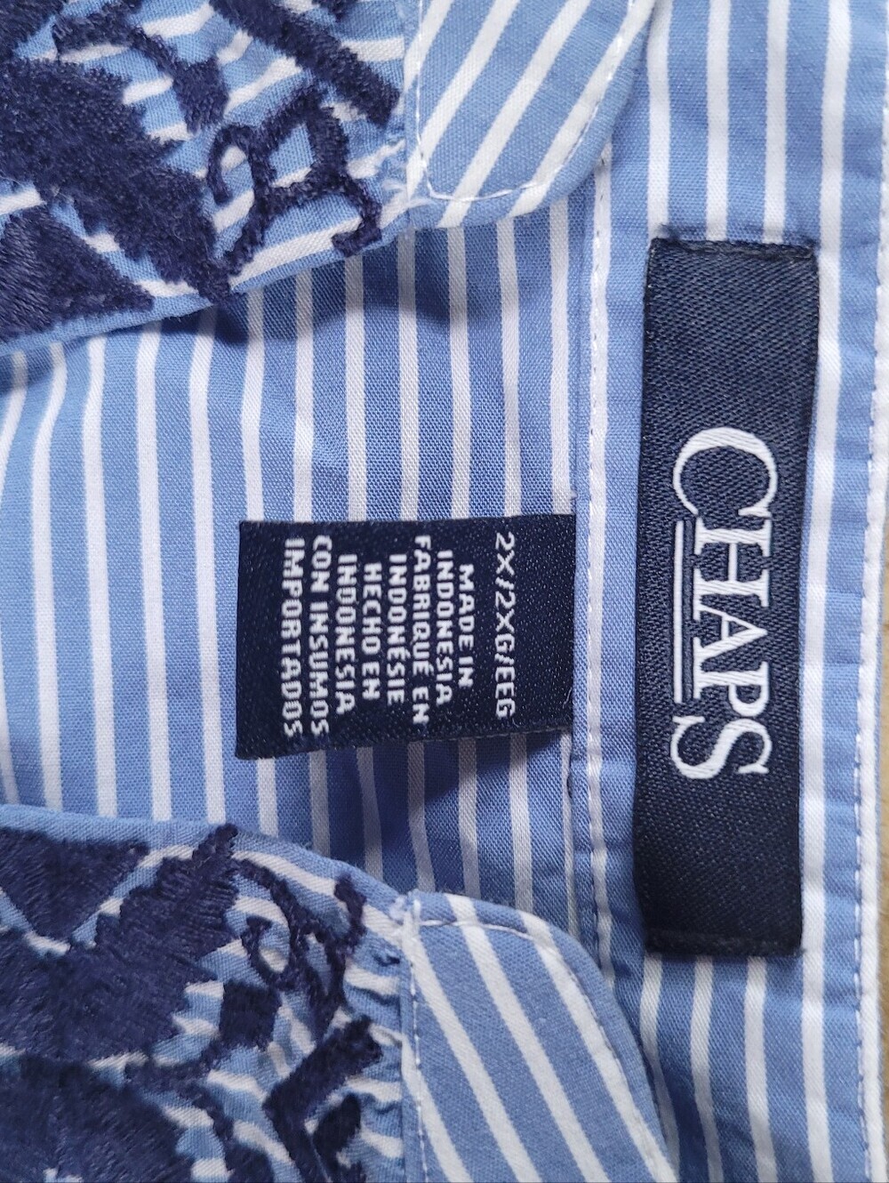 Chaps Light Blue and White Striped Button-Up Shirt with Navy Embroidery - Picture 3 of 4